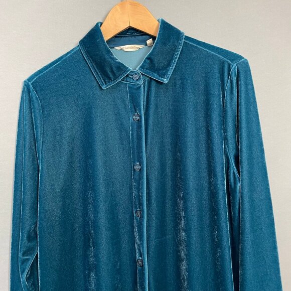 Soft Surroundings Velvet Top Blouse Button-Up Stretch Sz Medium Teal Long Sleeve - Picture 3 of 15